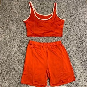 RED 2 PIECE biker set ,crop top w a white outline , biker shorts